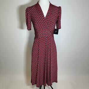 NWT JH Red Pink Geometric Puff Sleeve Faux Wrap Midi Dress Womens Petite Size 6P